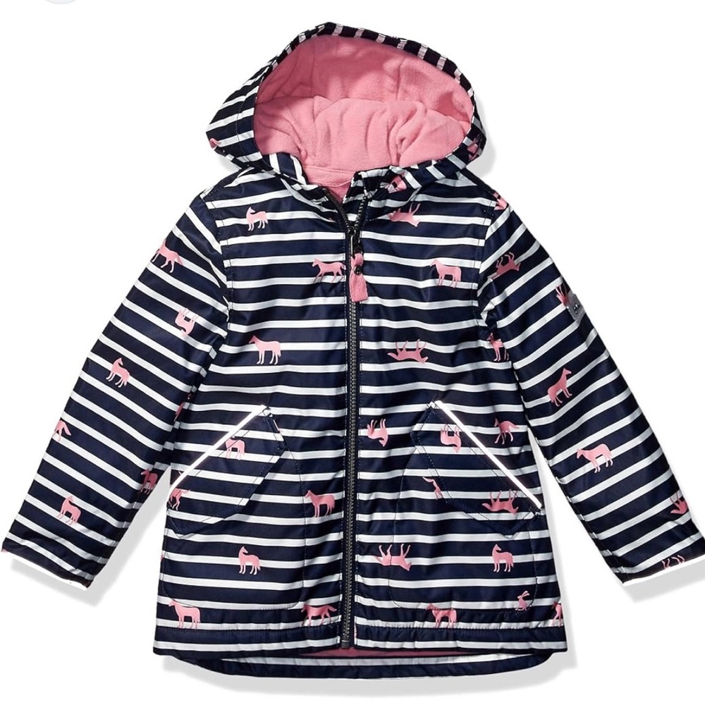 Joules Girl’s Waterproof Raincoat Jacket Navy Stripe with Pink Horses. Size 5y - Picture 2 of 7
